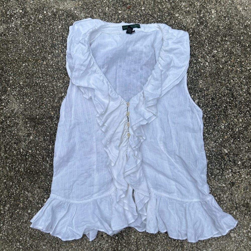 Lauren Ralph Lauren White Linen Blend Ruffle Sleeveless Blouse Vest Top Medium